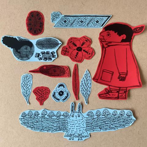A set of illustrated stickers featuring detective Tso, Hiske the owl, Auran the tree sprite, leaves, flowers, and a forest bird.