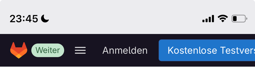 The GitLab header, localised in German. The „next“ badge for displaying beta versions is translated as well with „weiter“. In German, this is closer to „continue“ than to „next“.