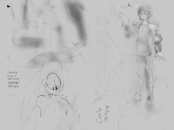 A faint rough sketch of Mint in armor, wielding a solar powered gun.