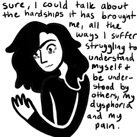 Black and white drawing of a person with long hair and a serious expression, accompanied by handwritten text discussing struggles with dysphoria and pain.