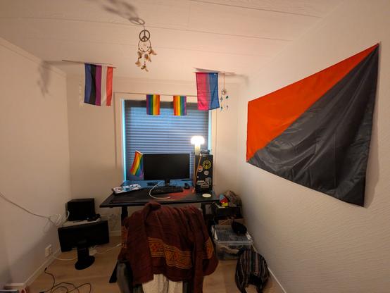 A small home office with a desk, computer, chair, and various pride flags hanging above, including an anarchist flag on the right wall. A lamp is lit in front of a window.
