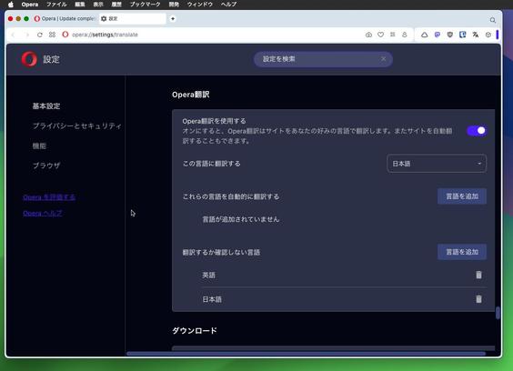 Opera 119の設定画面。項目名には「Opera翻訳」の文字。「Opera翻訳を使用する」「この言語に翻訳する」「これらの言語を自動的に翻訳する」などの設定項目がある。