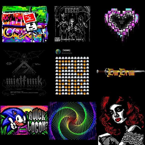 A 3x3 grid contains thumbnails of skeletons and demons, hedgehogs, models and hearts, as well as logos and abstract mathematical patterns.