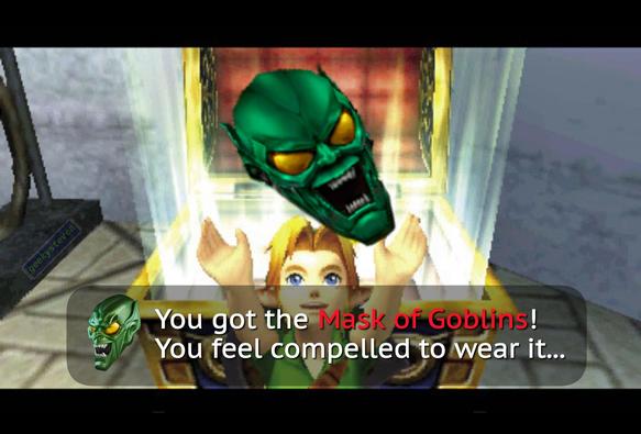 Link from Legend of Zelda: Majora's Mask opening a treasure chest and receiving the Green Goblin mask. Game message reads "You got the Mask of Goblins! You feel compelled to wear it..."