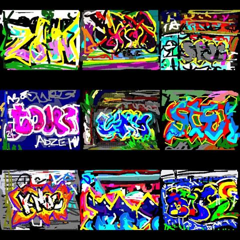 A 3x3 grid displays square thumbnail images of graffiti logos thrown up on walls