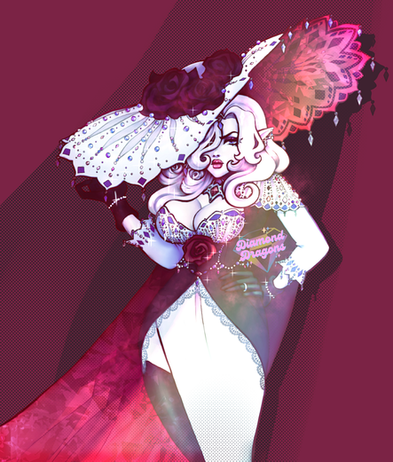 A glamorous fantasy character stands confidently against a deep magenta background. She is an elf with pale skin, long, voluminous platinum blonde hair, and pointed ears. She wears dramatic makeup and a revealing, corset-style bodysuit adorned with lace, pearls, and sparkling details. Over her shoulders is a sheer, flowing cape that fades from red to pink, and she wears an ornate white hat decorated with roses and jewels. A large dark rose sits at her waist, and the words "Diamond Dragons" are written in glowing script on her hip. The overall style is bold, colorful, and reminiscent of drag or burlesque fashion.