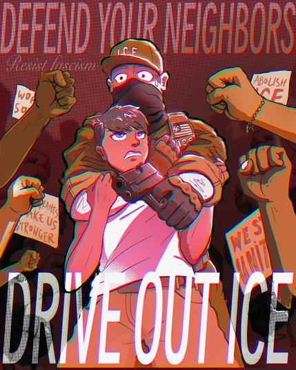 a poster in retro-anime style of a community driving back an ICE officer that is attempting to kidnap a young person.  it says defend your neighbors, refuse fascism, drive out ICE.