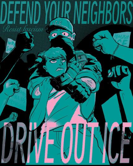 a poster in retro-anime style of a community driving back an ICE officer that is attempting to kidnap a young person.  it says defend your neighbors, refuse fascism, drive out ICE.