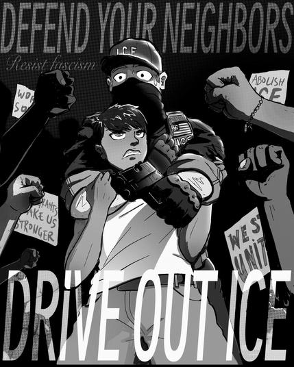 a poster in retro-anime style of a community driving back an ICE officer that is attempting to kidnap a young person.  it says defend your neighbors, refuse fascism, drive out ICE.