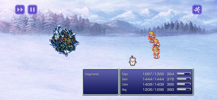 In a 2D retro graphic style, a character is seen casting a spell. The environment is a snowy landscape with trees in the background. The characters health and mana bars are visible on the bottom left corner of the screen. This screenshot captures a moment from FINAL FANTASY VI, where one character casts a magical attack at another, set against a wintry setting.
