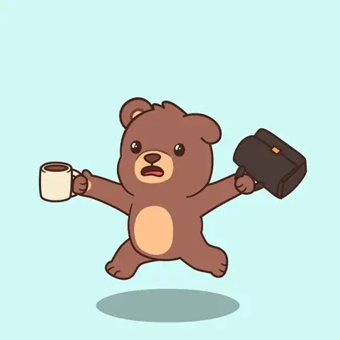 A cartoon bear is seen running late with a coffee mug and a bag.