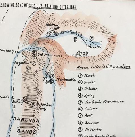 Part of a hand-drawn sketch map in black ink and watercolour, showing rivers, mountains, towns and numbered locations for the artworks which are listed in the map legend.