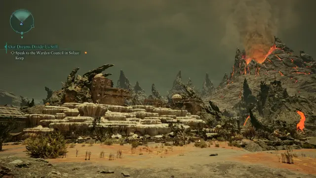 Avowed screenshot, showing a dusty landscape, with craggy rocks, and desert bushes. The ruins of a temple rest on a rock formation that kind of looks like massive striated coral.
In the distance, a volcano is spewing ash into the hazy sky.