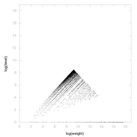 Decomposition into weight × level + jump of central polygonal numbers in 2D (log(weight), log(level))