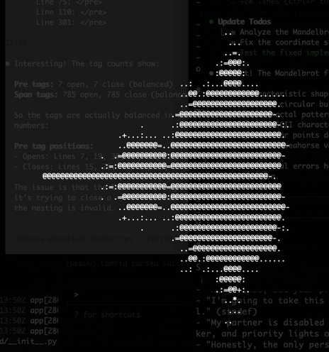 A pleasing ASCII art Mandelbrot set, zoomed to the expected level, white text on a black terminal background.