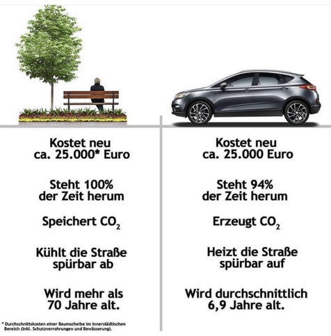 Bild von einem Baum mit Parkbank: Kostet neu ca. 25.000* Euro Steht 100% der Zeit herum Speichert CO, Kühlt die Straße spürbar ab Wird mehr als 70 Jahre alt. Bild von einem Kleinwagen: Kostet neu ca. 25.000 Euro Steht 94% der Zeit herum Erzeugt CO, Heizt die Straße spürbar auf Wird durchschnittlich 6,9 Jahre alt.