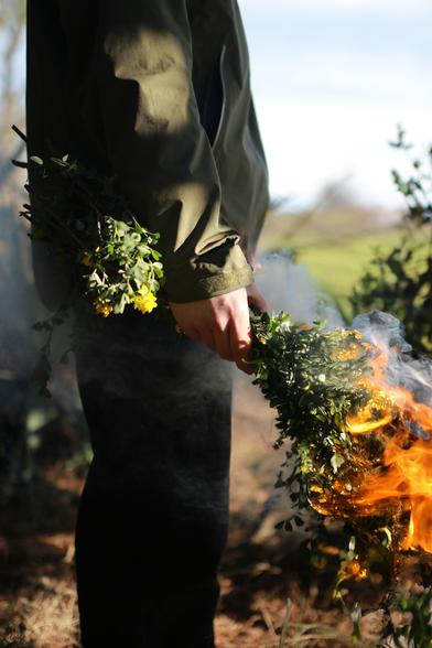 Visuel de l'album Sub Rosa de #Samelito.
Gros plan sur la main d'un homme debout, en extérieur, tenant un bouquet en feu.
Photo : Hibel
Assistance IA pour la génération des flammes