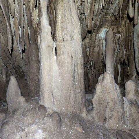 White stalagmites, small cristals glittering all over their surface