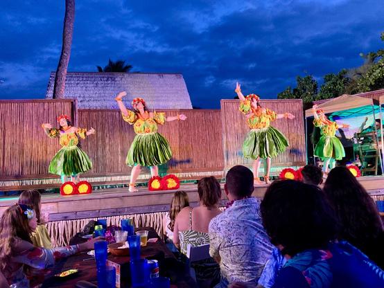 A photo of four hula dancers performing.