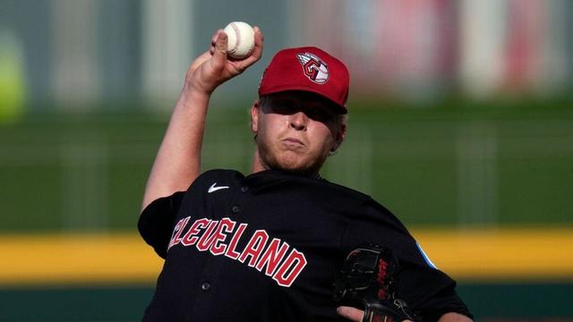 Cleveland Guardians pitcher Nic Enright throws in the ninth inning of a spring training baseball game against the Oakland Athletics, Tuesday, Feb. 27, 2024, in Goodyear, Ariz. (AP Photo/Carolyn Kaster, File)
