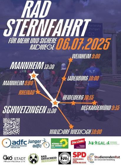 Plakat zur ADFC-Sternfahrt mit stilisierter Karte der einzelnen Zubringerrouten