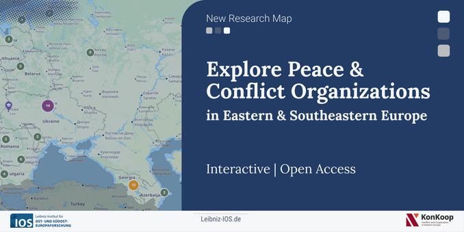 Interactive research map of Eastern and Southeastern Europe showing colored markers for peace and conflict organizations. Left side displays a regional map with numbered points, right side features blue background with title "Explore Peace & Conflict Organizations in Eastern & Southeastern Europe". Bottom shows logos of Leibniz-IOS and KonKoop. Text indicates "Interactive | Open Access" and "New Research Map"