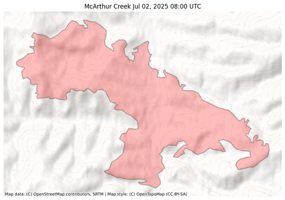 Visual map representation of the McArthur Creek wildfire, showing the perimeters of the 7123.840393809646 acre fire on a map.