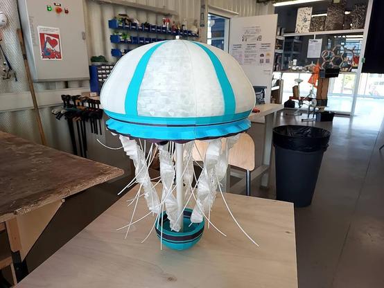 Une maquette de 40 x 40 x 60 centimètres, évoquant une méduse. Elle est constituée de nombreuses pièces en plastiques imprimées en 3D. De couleur principalement claire, certaines parties sont translucides d'autres de plusieurs bleus. Des filaments viennent ajouter à l'aspect organique de la sculpture.
