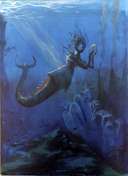 Acrylic painting, undersea scene depicting a mermaid. The mermaid is eerie because its head is hollow and holding a mask. We don't know if they are looking at the viewer or not. The poor creature has been stabbed by harpoons and its sharp tail looks primed for revenge. The scene around her is peaceful with fish, nautilus and delicate coral reefs.