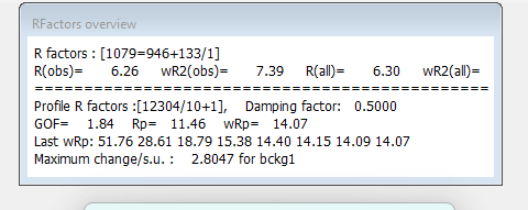 Screenprint of refinement values GOF=1.84, Rp=11.46 et wRp=14.07