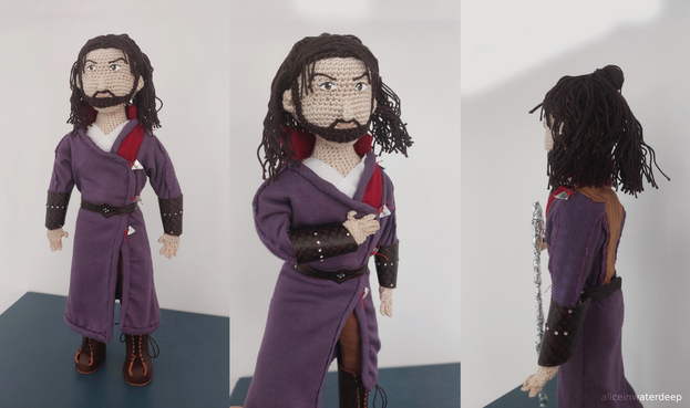 The same doll from the previous pictures shown in three poses: standing with hands on his sides, front view with his right hand on his chest (mimicking his Arcane Hunger condition), and back view showing curly brown hair styled in a half top knot.
