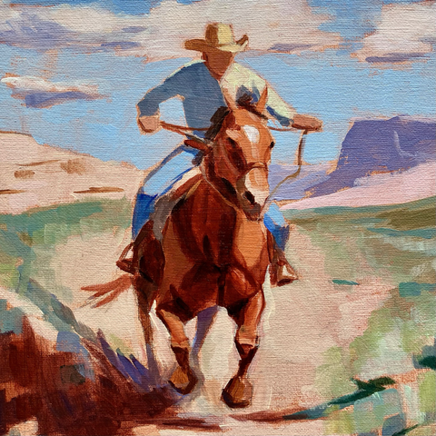 An acrylic painting depicting a cowboy thundering down a desert trail, reins tight and dust rising beneath the horse's hooves.
