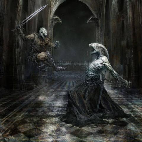 Two reptilian humanoids fighting in an arched hallway. One, dressed in leather armor and wielding a sword, leaps to attack the other, who flairs a cobra-like hood with fangs bared, dressed in a skirt.