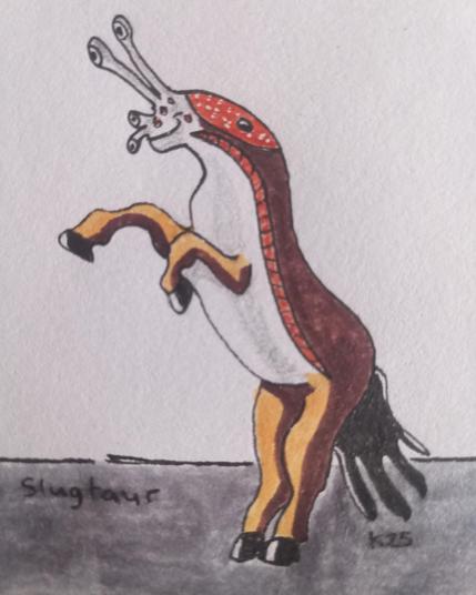 A cartoon style horse rearing but at the top there's a slug's upper torso and head. The slug face looks friendly and happy.