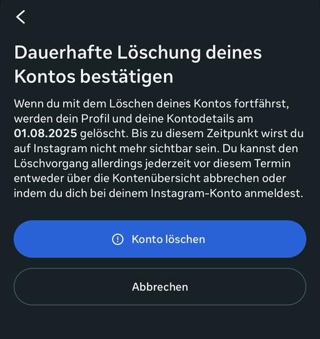 Screenshot der die Bestätigung zum löschen des Kontos zeigt.