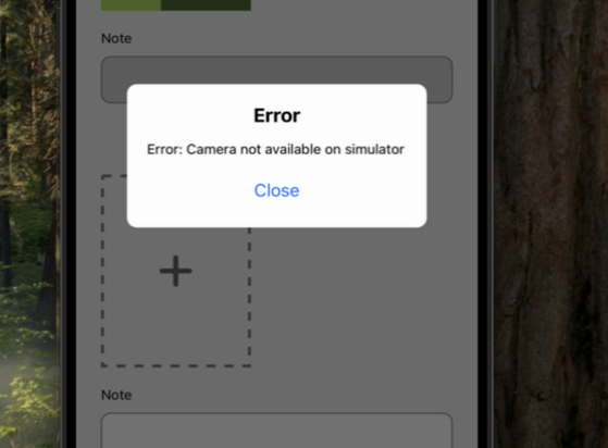 A screenshot of an iOS app in simulator with error message : "Error: Camera not available on simulator"