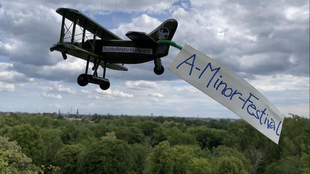 Im oberen Zentrum des Bildes befindet sich ein dunkelgrüner hölzerner Spielzeugdoppeldecker vor einem leicht bewölkten Himmel. 
Auf dem Rumpf des Flugzeugs steht: "Jazzkollektiv Halle e.V." und am Seitenruder ist das Logo des Jazzkollektivs Halle zu sehen (weiße Schrift vor schwarzem Hintergrund).
Das Flugzeug zieht ein Banner, auf dem steht: "A-Minor-Festival" (blau auf weißem Hintergrund). Das Banner reicht von der Mitte bis an den rechten Rand des Bildes.
In der unteren Hälfte des Bildes befindet sich eine grüne Parklandschaft, von der vor allem die Baumkronen zu sehen sind.
Am Horizont ist die Silhouette einer Stadt zu erkennen.