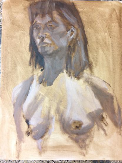 Painting portrait of a female art model, sitting. She is standing, looking right, seen from head to breasts.