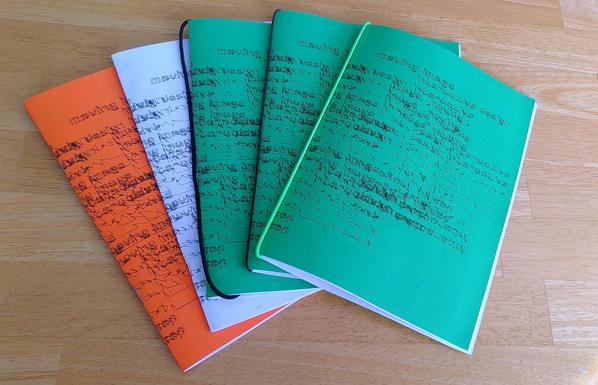 Five zines with different colours and cover with glitchy text