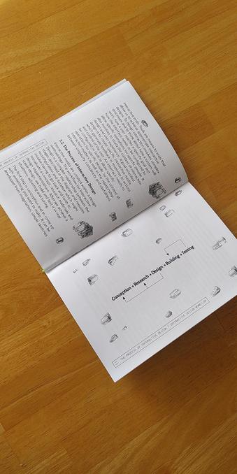Zine with text and diagram Conception, Research, Design, Building, Testing
