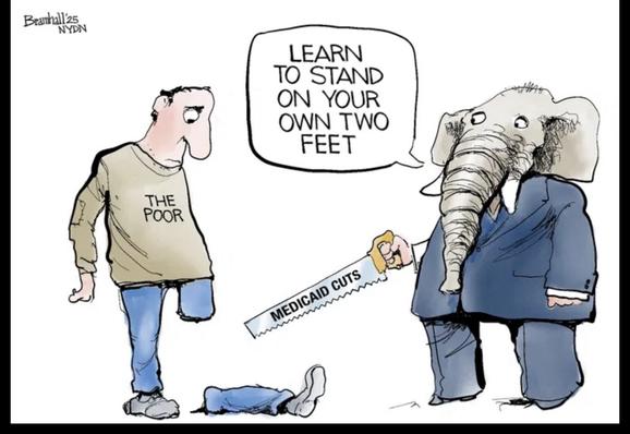 Cartoon of elephant in suit, holding a saw: Learn to stand on your own two feetje. A man wearing a shirt: the poor, looks down on his sawn-off leg.
Bill Bramhall New York Daily News