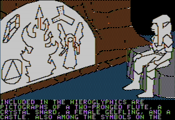 Apple II screen showing Jen sitting and hieroglyphics