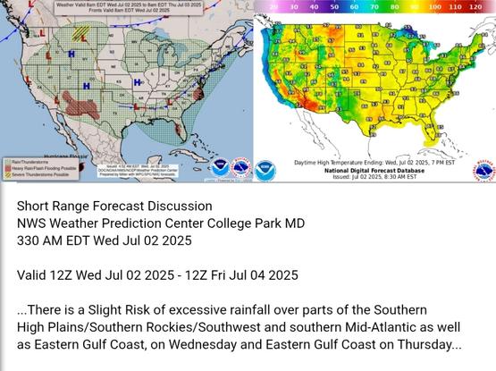 Valid 12Z Wed Jul 02 2025 - 12Z Fri Jul 04 2025

...There is a Slight Risk of excessive rainfall over parts of the Southern
High Plains/Southern Rockies/Southwest and southern Mid-Atlantic as well
as Eastern Gulf Coast, on Wednesday and Eastern Gulf Coast on Thursday...