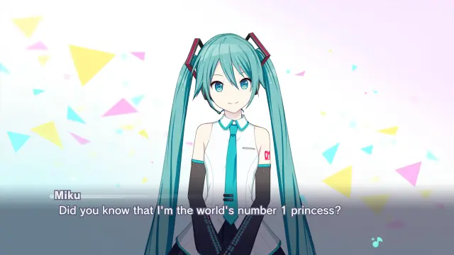 Made from Project Sekai's story board, in front of an empty white background decorated with a few floating colorful triangles, Hatsune Miku says "Did you know that I'm the world's number 1 princess?"
