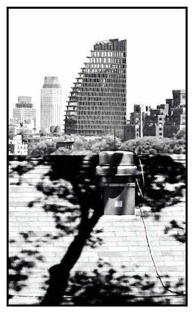 Black and white photo of a city skyline rising over a sunlit rooftop closer to camera, with the image split in half between foreground and background. The shadow of a tree is cast on the brick surface of the roof and on a metal-lidded chimney. In the background, the skyline rises above a line of trees, dominated by a building with a stepped facade (each floor set back from the floor below to create a stair effect). The tree shadow and the stepped building are centrally aligned, so that it appears as if the building is sitting on or growing out of the shadow.