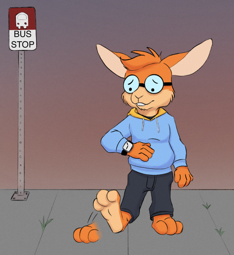An orange bunny in a blue hoodie and charcoal-colored pants thumps his foot unhappily while wondering when his bus will arrive