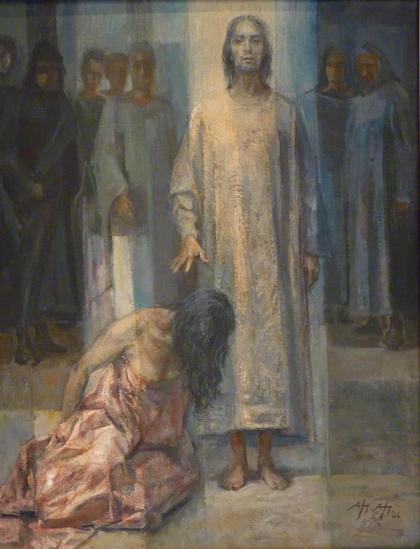 painting of jesus, himself illuminated, blessing a distressed woman