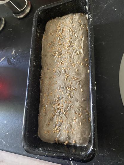 Brotteig in einer Emailleform. Mit Wasser glatt gestrichen und mit Kernen bestreut.