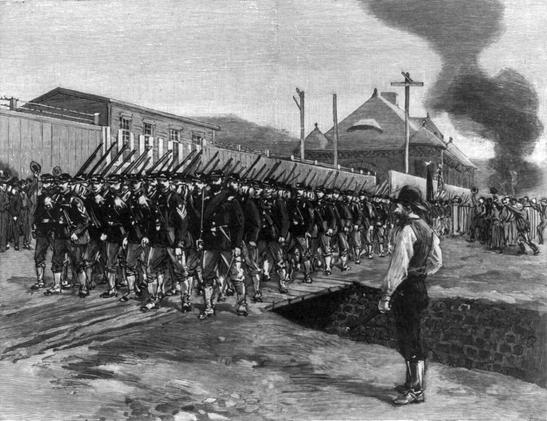 The Pennsylvania state militia arrives to quell the hostilities. Dozens of soldiers, with rifles, marching outside the facilities, with smoke billowing in the background. Art by Thure de Thulstrup. By Thure de Thulstrup - This image is available from the United States Library of Congress&#039;s Prints and Photographs divisionunder the digital ID cph.3b03430.This tag does not indicate the copyright status of the attached work. A normal copyright tag is still required. See Commons:Licensing., Public Domain, https://commons.wikimedia.org/w/index.php?curid=30378683