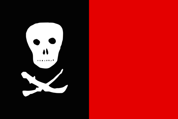 One of the early revolutionary flags of the first Sandinista army, red and black, with a skull and, instead of cross bones, a machete and rifle. By Unknown author - File:Sandinos_flag.jpg, Public Domain, https://commons.wikimedia.org/w/index.php?curid=113961105